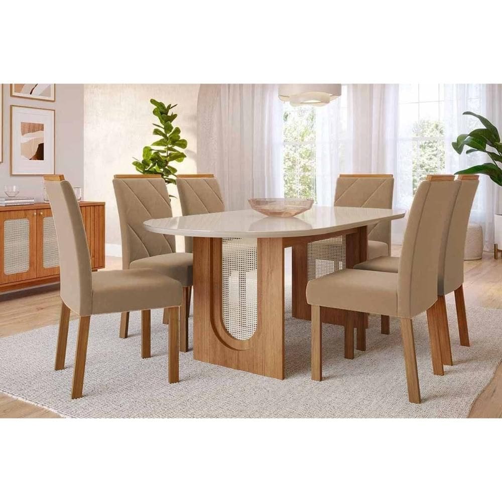 Sala de Jantar Completa Valentina Tampo Madeirado Oval c/ Vidro 210x100cm e 6 Cadeiras Fernanda Cinamomo/Off White - Carvalho/Linho Bege - Cimol
