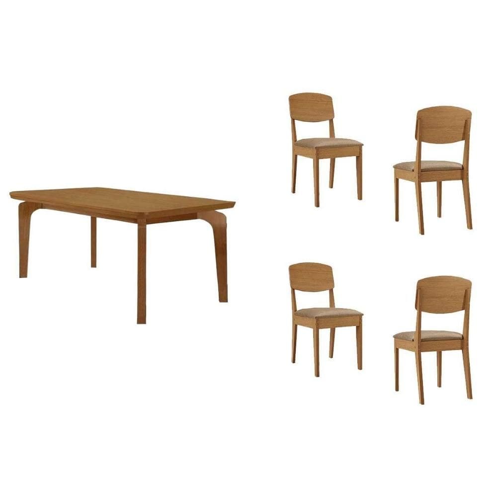 Sala de Jantar Completa Londrina c/ Tampo Madeirado c/ Vidro Canto Curvo 120x80cm 4 Cadeiras Havana Naturale/Off White - Corano Capuccino - Rufato