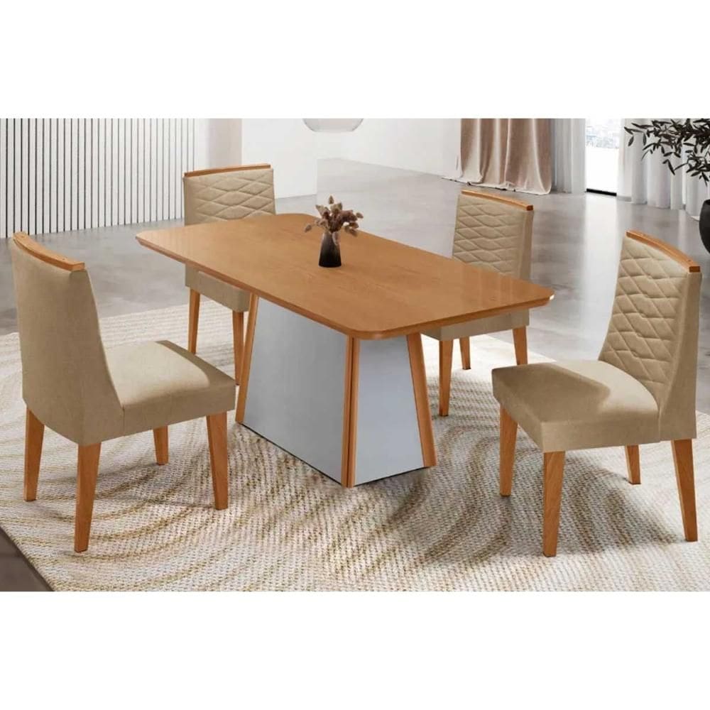 Sala de Jantar Completa Tilia c/ Tampo Madeirado Canto Curvo 120x80cm e 4 Cadeiras Maldivas Naturale/Off White - Linho Bege - Rufato