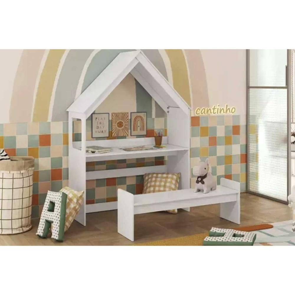 Mesa Cabeceira Casinha c/ Banco Branco - Peroba