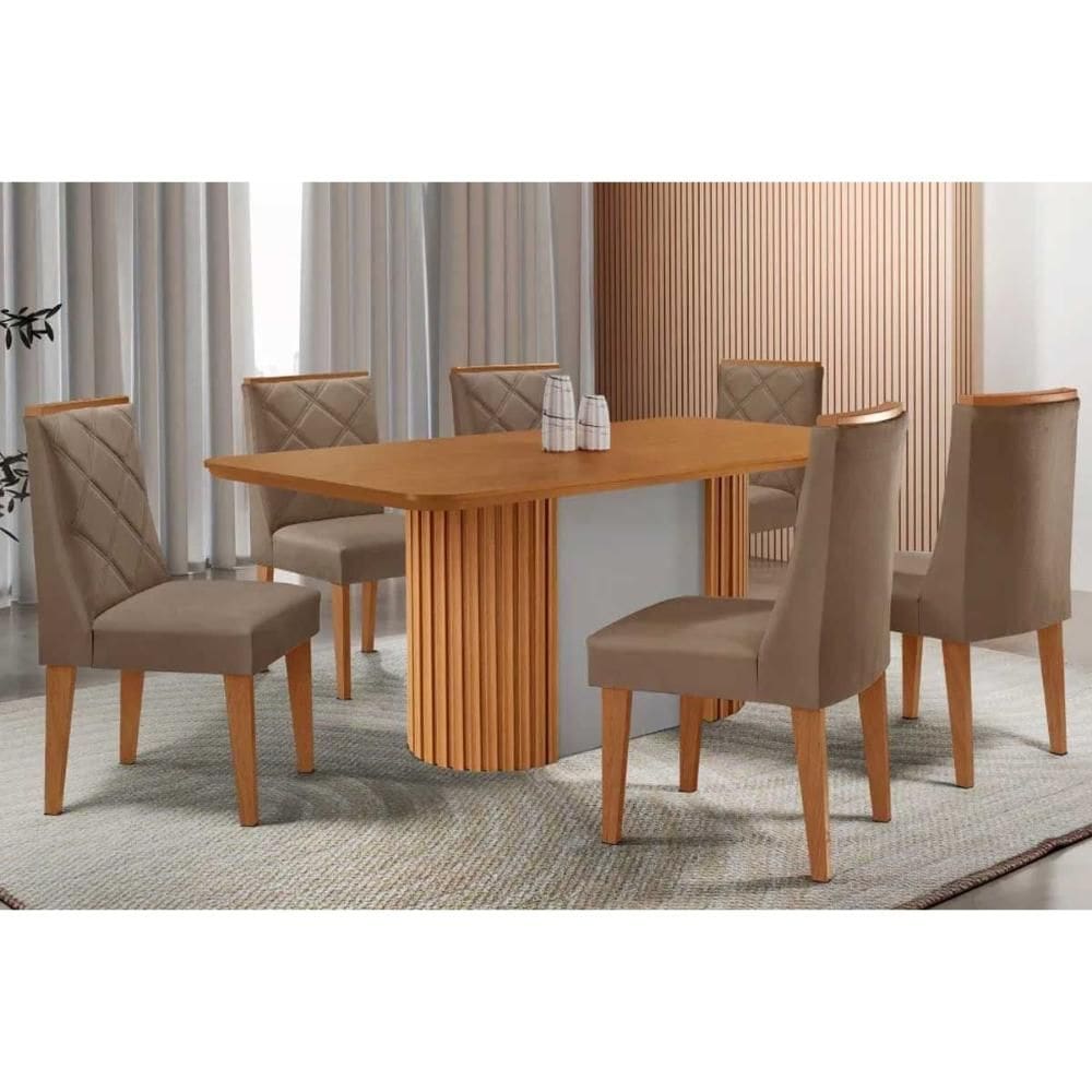 Sala de Jantar Completa Pilar c/ Tampo Madeirado Canto Curvo 180x90cm e 6 Cadeiras Pietá Naturale/Off White - Suede Capuccino - Rufato