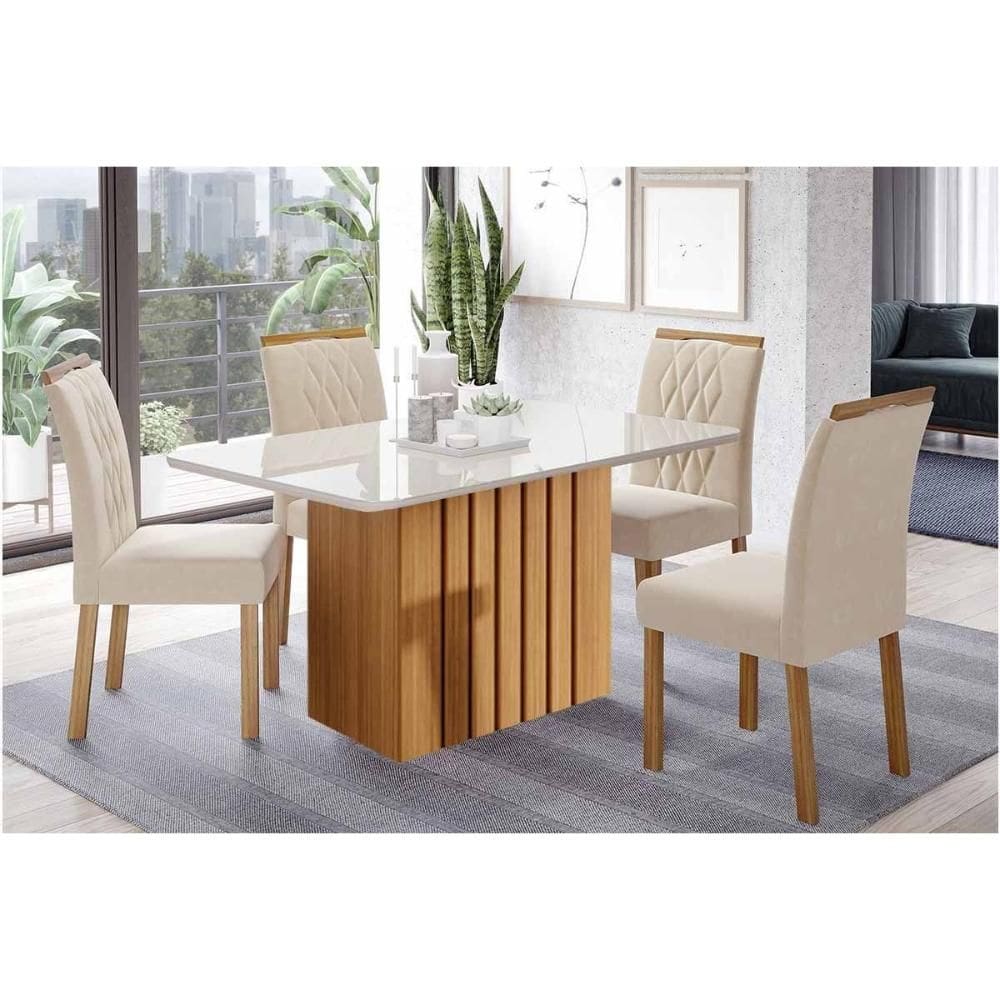 Sala de Jantar Completa Ana Tampo Madeirado c/ Vidro 130x80cm e 4 Cadeiras Juliana Nature/Off White - Carvalho/Suede Nude Bege - Cimol