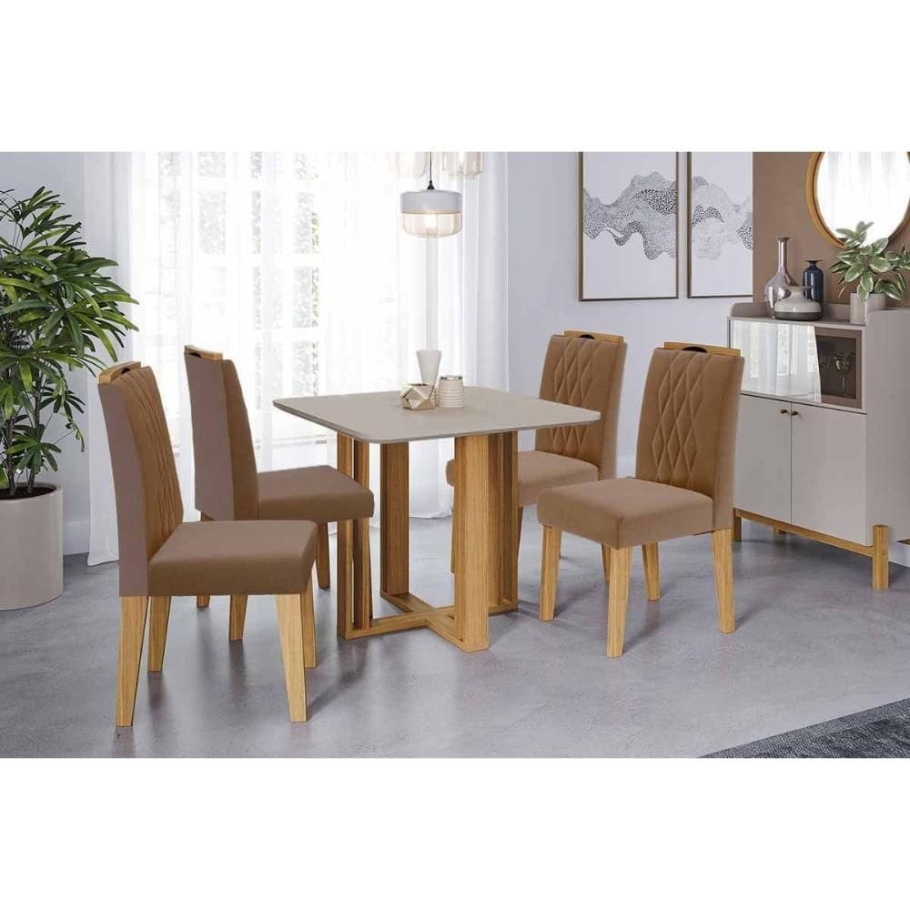 Sala de Jantar Completa Flora Tampo Madeirado c/ Vidro 95x95cm e 4 Cadeiras Juliana Cinamomo/Off White - Carvalho/Suede Joli Capuccino - Cimol