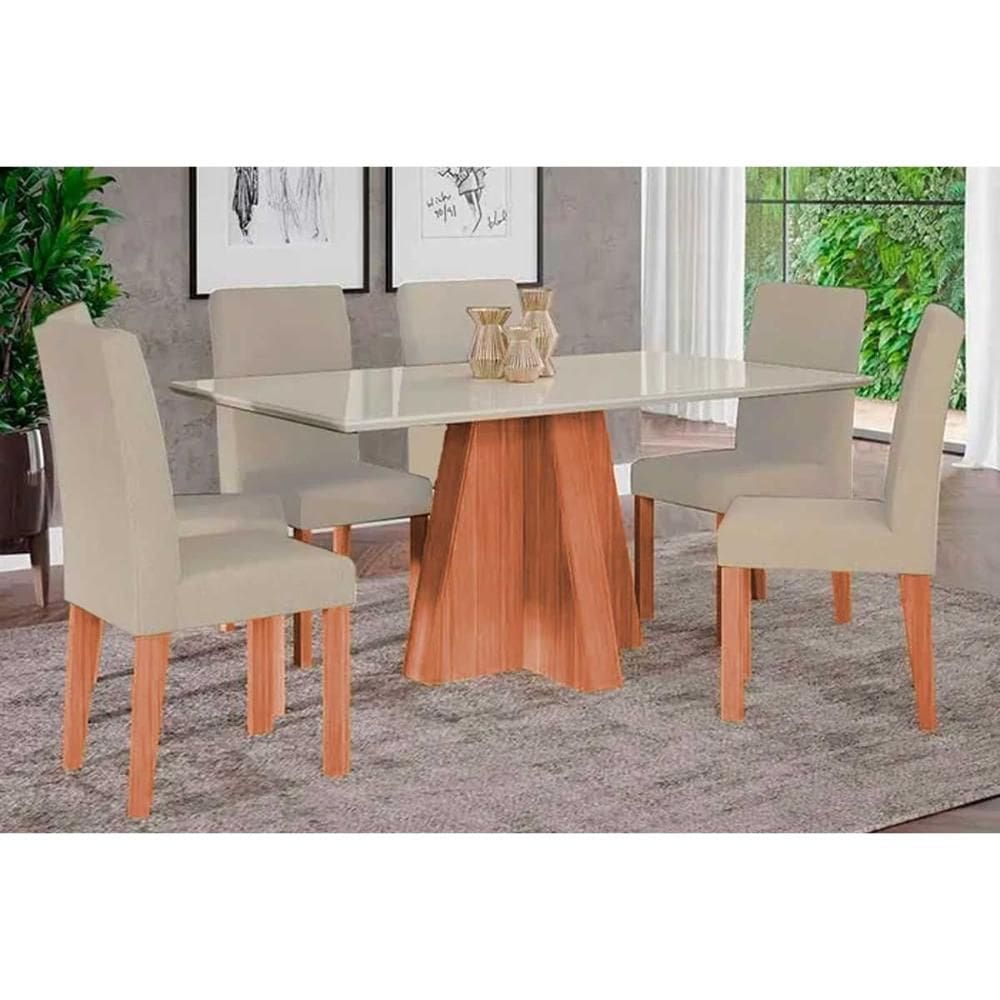 Sala de Jantar Completa Maitê Tampo Madeirado c/ Vidro 160x80cm e 6 Cadeiras Maia Cinamomo/Off White - Suede Gengibre Bege - Cimol