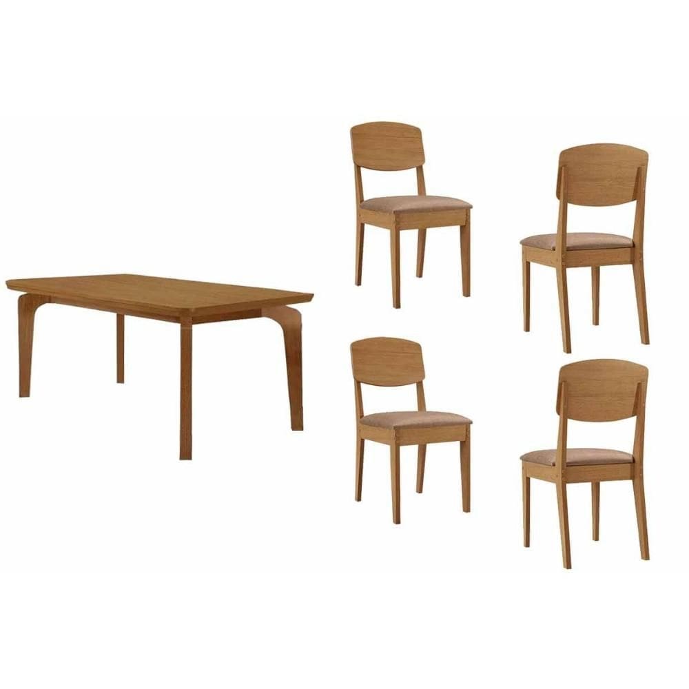 Sala de Jantar Completa Londrina c/ Tampo Madeirado Canto Curvo 120x80cm e 4 Cadeiras Havana Naturale - Linho Capuccino - Rufato