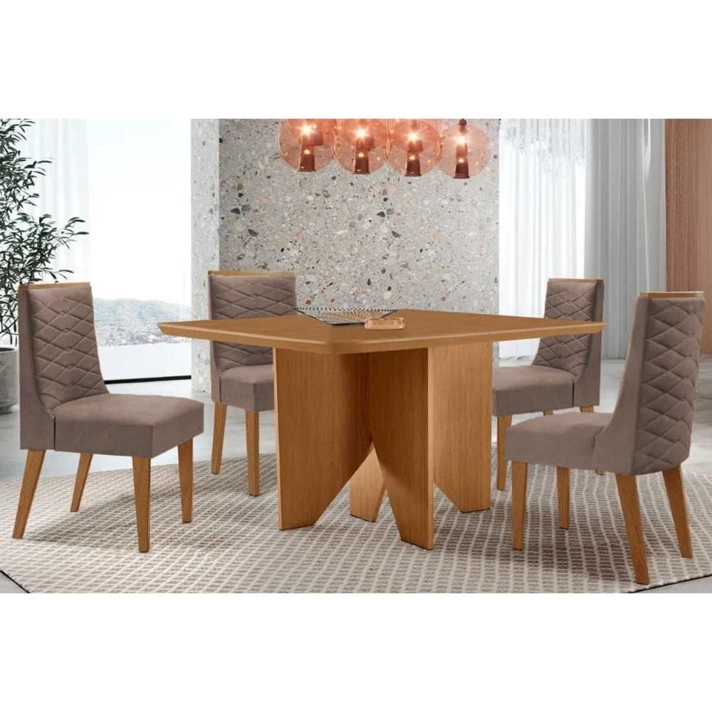 Sala de Jantar Completa Nevada c/ Tampo Madeirado Canto Curvo 90x90cm e 4 Cadeiras Dafne Naturale - Corano Capuccino - Rufato