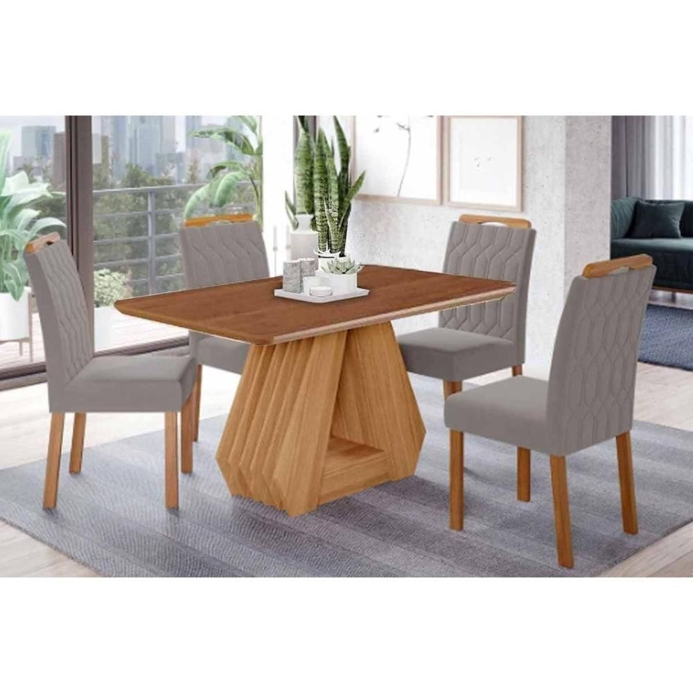 Sala de Jantar Completa Ágata Tampo Madeirado 130x80cm e 4 Cadeiras Paola Cinamomo - Carvalho/Suede Joli Capuccino - Cimol