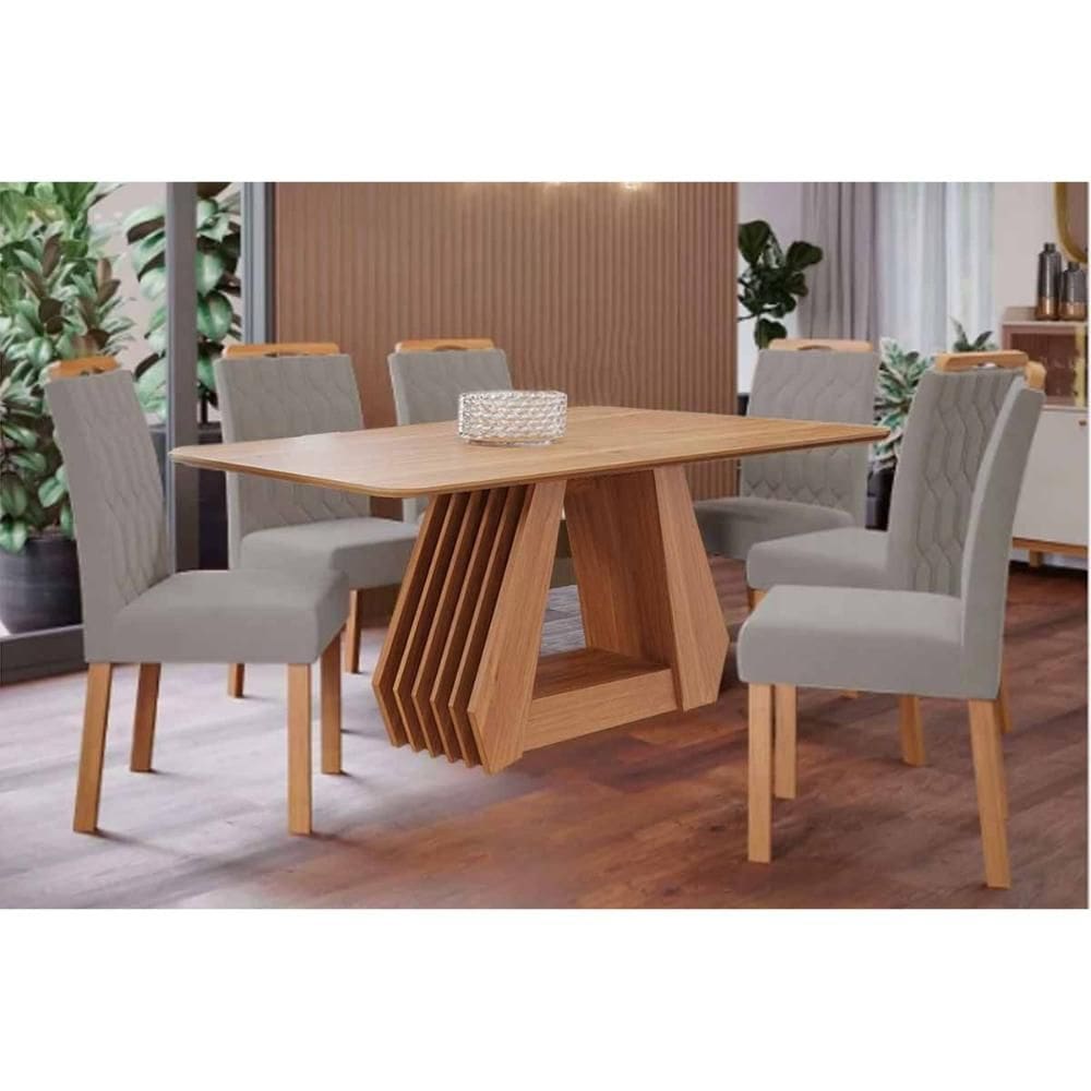 Sala de Jantar Completa Ágata Tampo Madeirado 180x90cm e 6 Cadeiras Juliana Cinamomo - Carvalho/Suede Joli Capuccino - Cimol