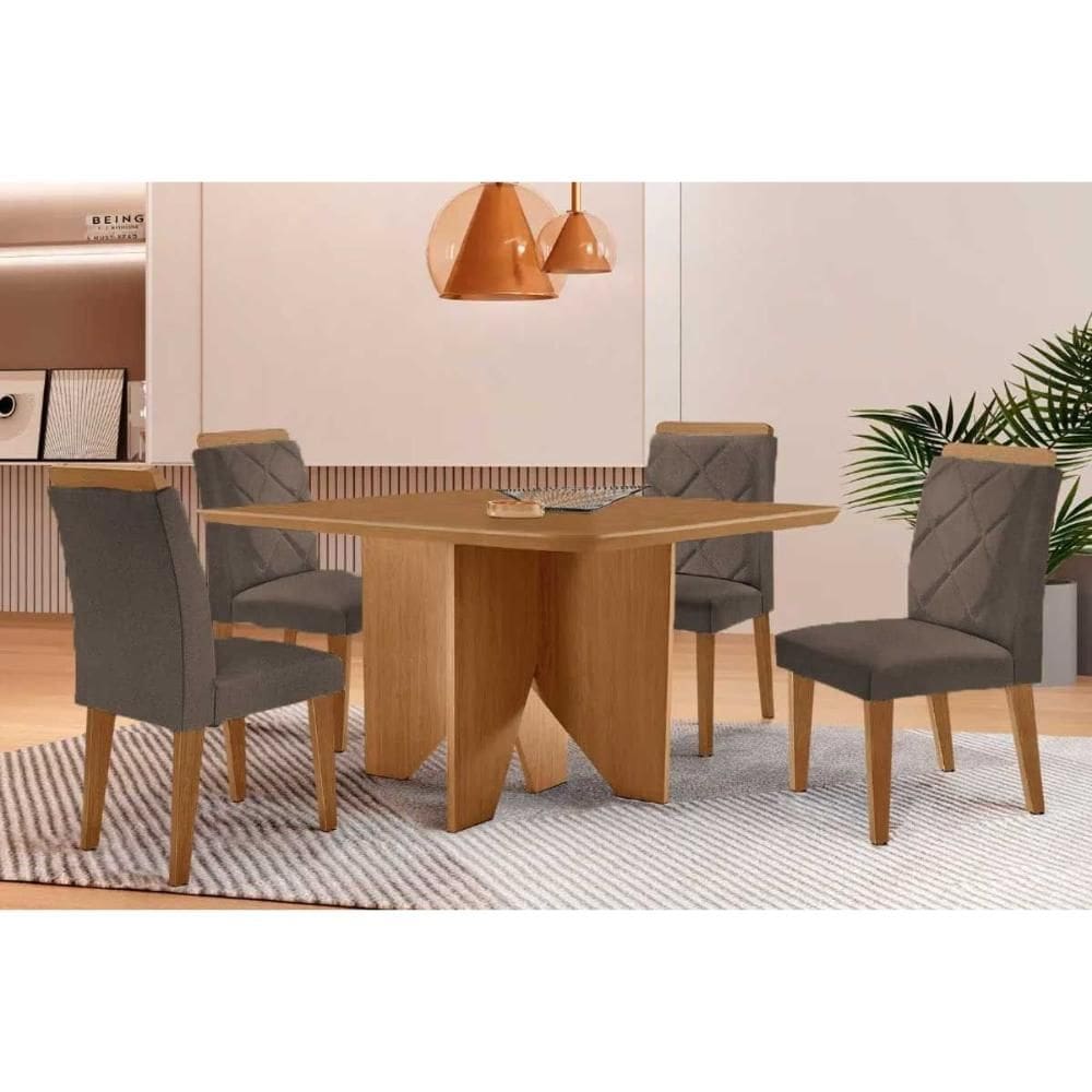 Sala de Jantar Completa Nevada c/ Tampo Madeirado Canto Curvo 90x90cm e 4 Cadeiras Pietá Naturale - Linho Capuccino - Rufato