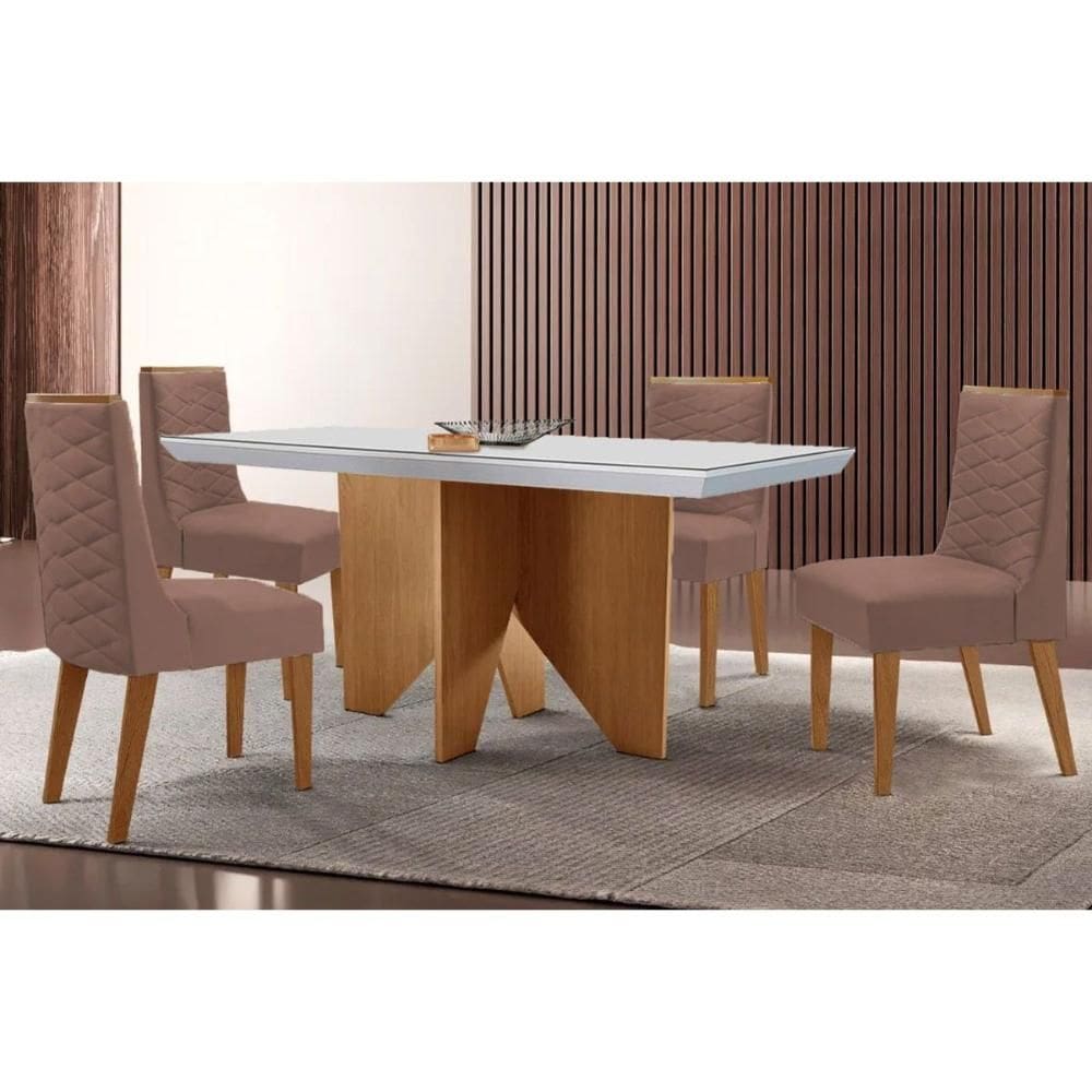 Sala de Jantar Completa Nevada c/ Tampo Madeirado c/ Vidro Canto Curvo 120x80cm e 4 Cadeiras Dafne Naturale/Off White - Corano Capuccino - Rufato