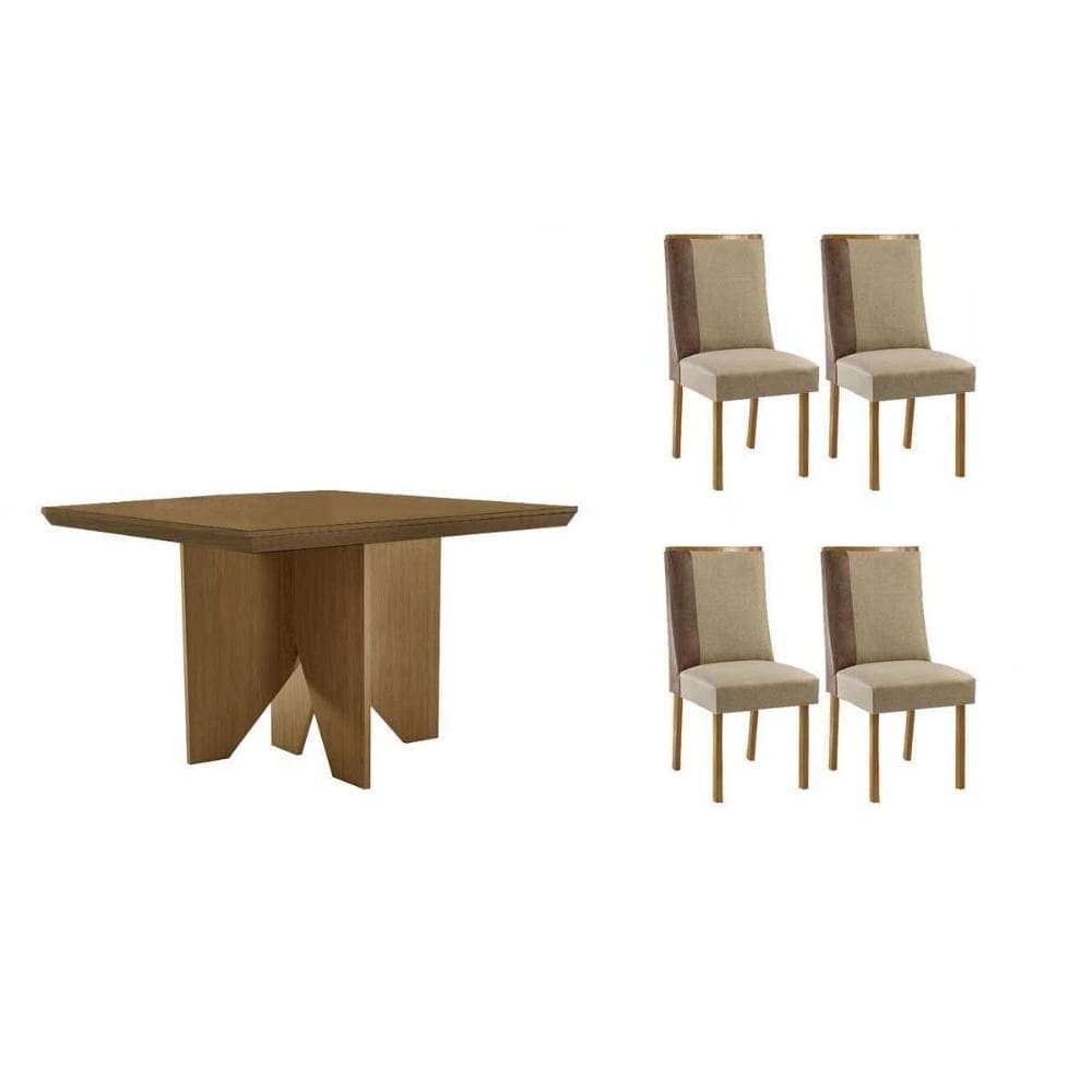 Sala de Jantar Completa Nevada c/ Tampo Madeirado Canto Curvo 90x90cm e 4 Cadeiras Tilia Naturale - Suede Creme - Rufato