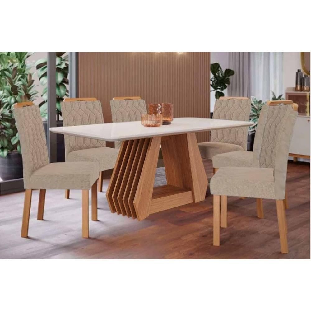 Sala de Jantar Completa Ágata Tampo Madeirado c/ Vidro 180x90cm e 6 Cadeiras Paola Cinamomo/Off White - Carvalho/Linho Bege - Cimol