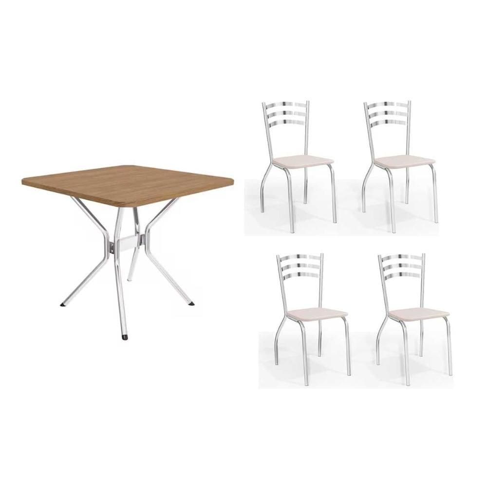 Sala de Jantar Completa Loire c/ Tampo de Madeira 90cm + 4 Cadeiras Portugal Cromada/Branco 106 - Kappesberg