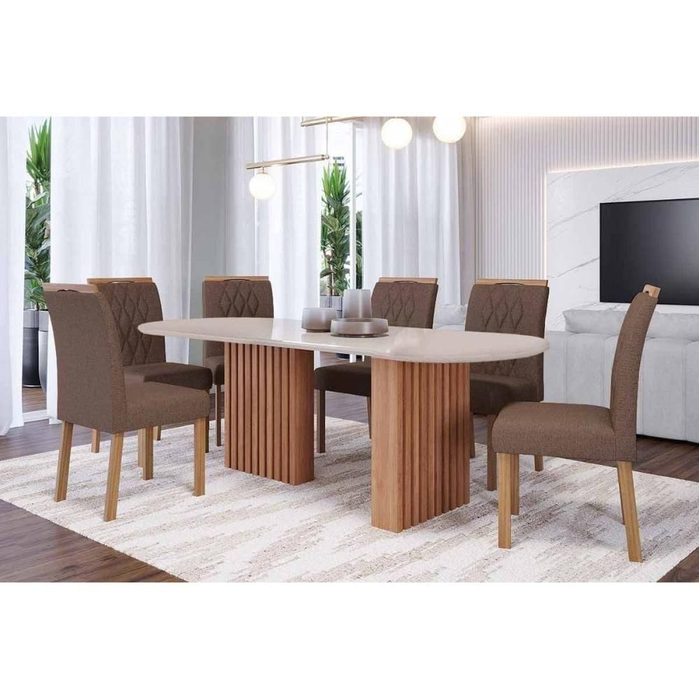 Sala de Jantar Completa Ester Tampo Madeirado Oval c/ Vidro 210x100cm e 6 Cadeiras Juliana Cinamomo/Off White - Carvalho/Suede Joli Capuccino - Cimol