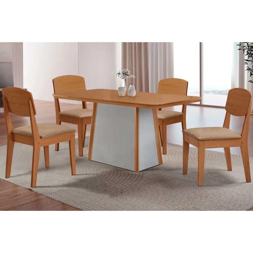 Sala de Jantar Completa Tilia c/ Tampo Madeirado Canto Curvo 120x80cm e 4 Cadeiras Havana Naturale/Off White - Linho Bege - Rufato