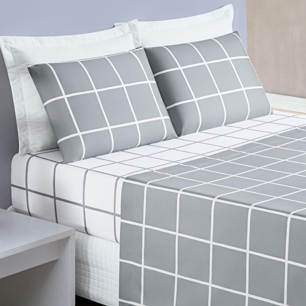 Jogo Cama Lençol Brooklyn Queen Micropercal 4Pçs Cinza