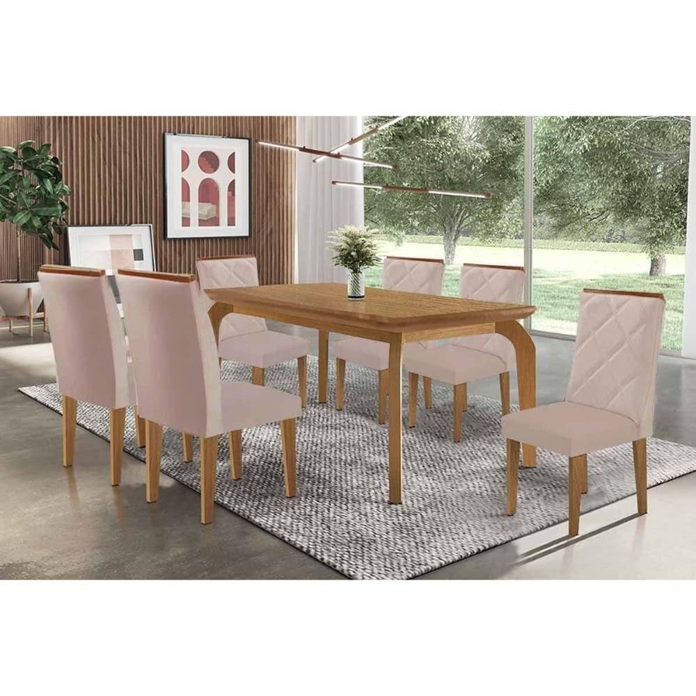 Sala de Jantar Completa Londrina c/ Tampo Madeirado Canto Curvo 180x90cm e 6 Cadeiras Pietá Naturale - Corano Capuccino - Rufato
