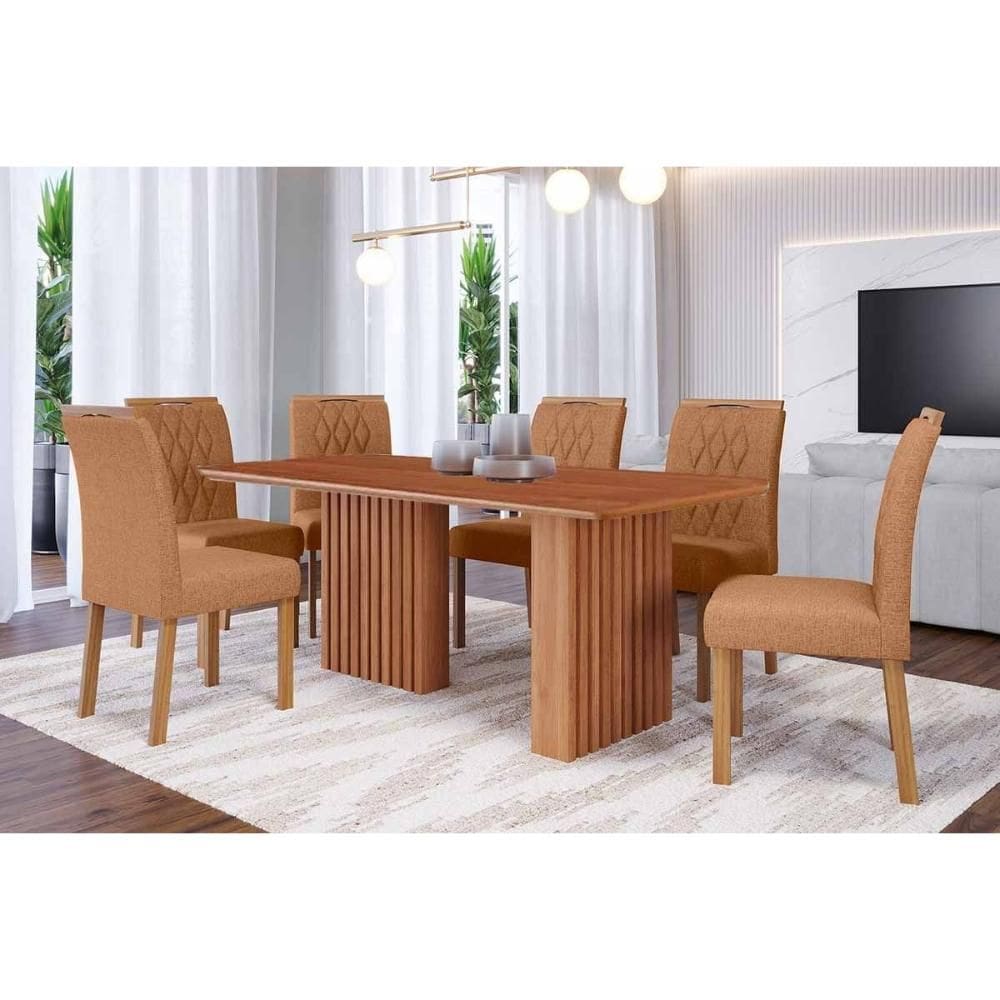 Sala de Jantar Completa Ester Tampo Madeirado 180x90cm e 6 Cadeiras Juliana Cinamomo - Carvalho/Suede Nude Bege - Cimol