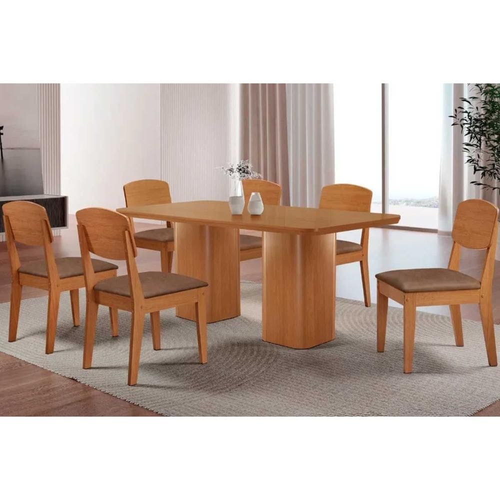 Sala de Jantar Completa Maldivas c/ Tampo Madeirado Canto Curvo 90x90cm e 4 Cadeiras Havana Naturale - Corano Capuccino - Rufato