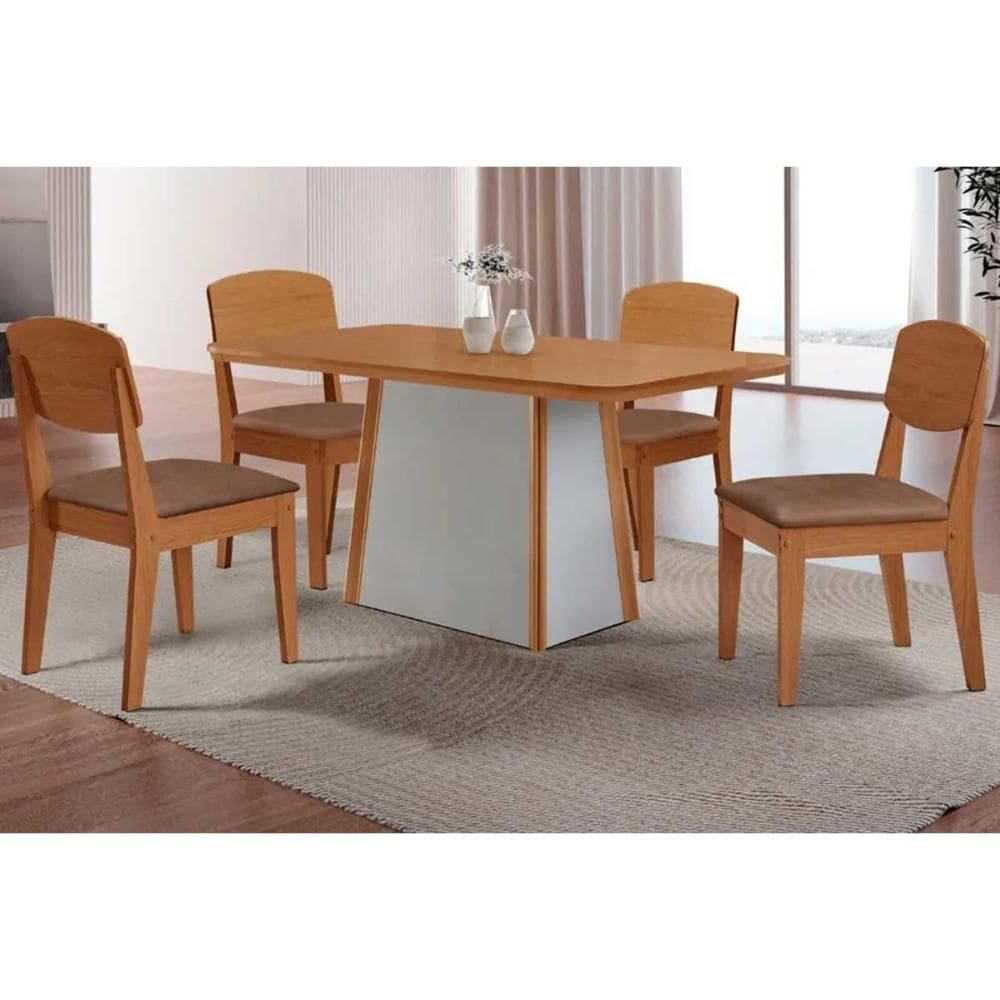 Sala de Jantar Completa Tilia c/ Tampo Madeirado Canto Curvo 120x80cm e 4 Cadeiras Havana Naturale/Off White - Corano Capuccino - Rufato