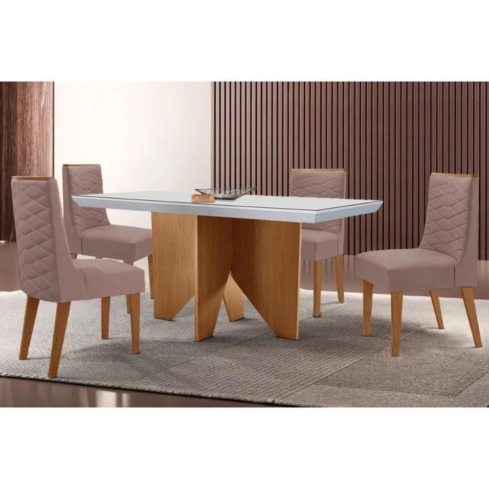 Sala de Jantar Completa Nevada c/ Tampo Madeirado c/ Vidro Canto Curvo 120x80cm e 4 Cadeiras Dafne Naturale/Off White - Linho Capuccino - Rufato