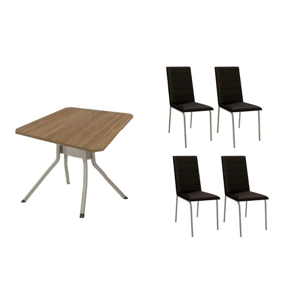 Sala de Jantar Completa Loire c/ Tampo de Madeira 90cm + 4 Cadeiras Amsterdã Niquel/Preto - Kappesberg