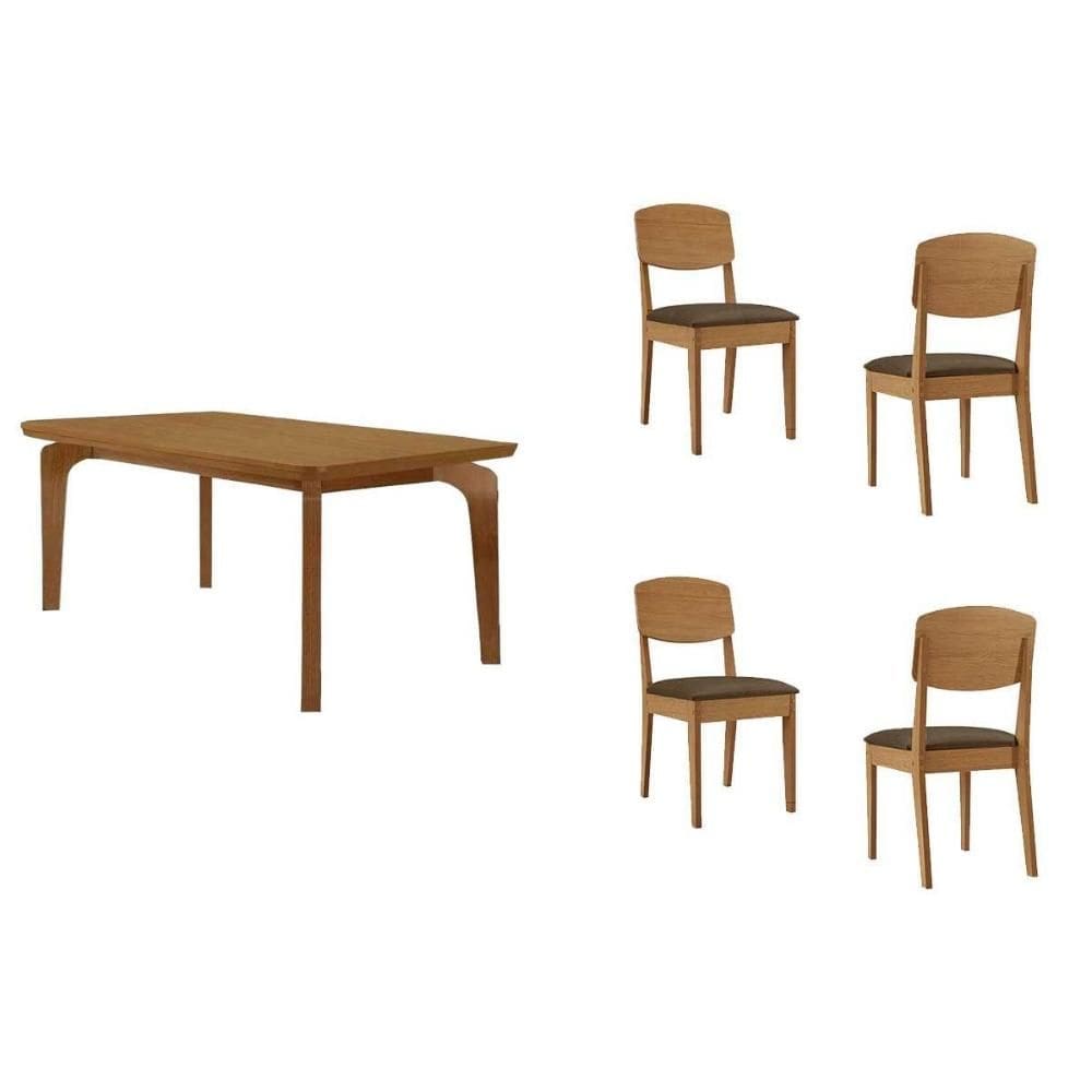 Sala de Jantar Completa Londrina c/ Tampo Madeirado c/ Vidro Canto Curvo 120x80cm 4 Cadeiras Havana Naturale/Off White - Suede Marrom - Rufato