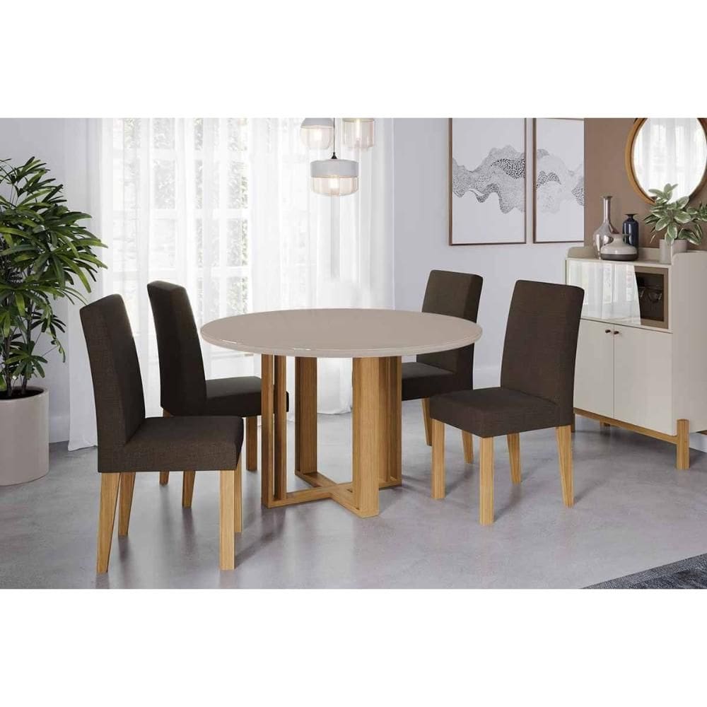 Sala de Jantar Completa Flora Tampo Madeirado c/ Vidro 109cm e 4 Cadeiras Maia Cinamomo/Off White - Suede Mascavo Chocolate - Cimol