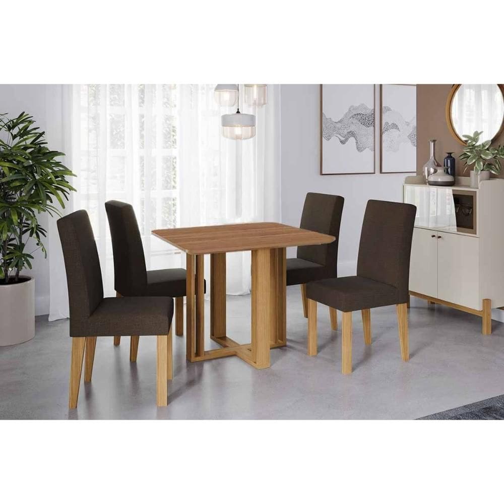 Sala de Jantar Completa Flora Tampo Madeirado 95x95cm e 4 Cadeiras Maia Cinamomo - Nature/Suede Mascavo Chocolate - Cimol