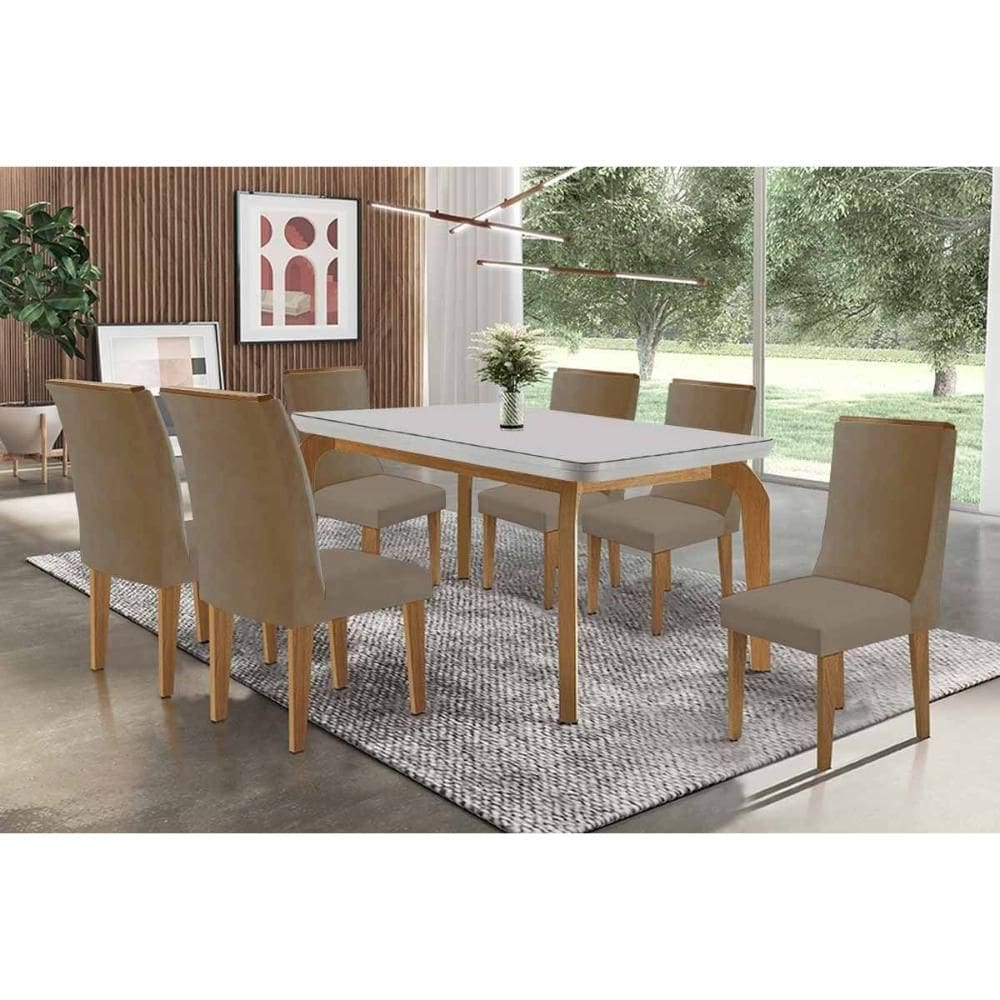 Sala de Jantar Completa Londrina c/ Tampo Madeirado c/ Vidro Canto Curvo 180x90cm e 6 Cadeiras Dakota Naturale/Off White - Linho Bege - Rufato