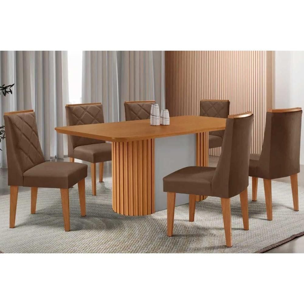 Sala de Jantar Completa Pilar c/ Tampo Madeirado Canto Curvo 180x90cm e 6 Cadeiras Pietá Naturale/Off White - Suede Marrom - Rufato
