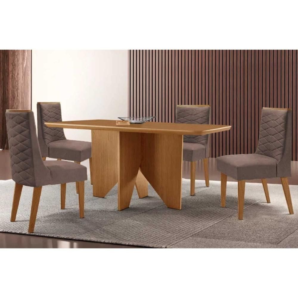 Sala de Jantar Completa Nevada c/ Tampo Madeirado Canto Curvo 120x80cm e 4 Cadeiras Dafne Naturale - Corano Capuccino - Rufato