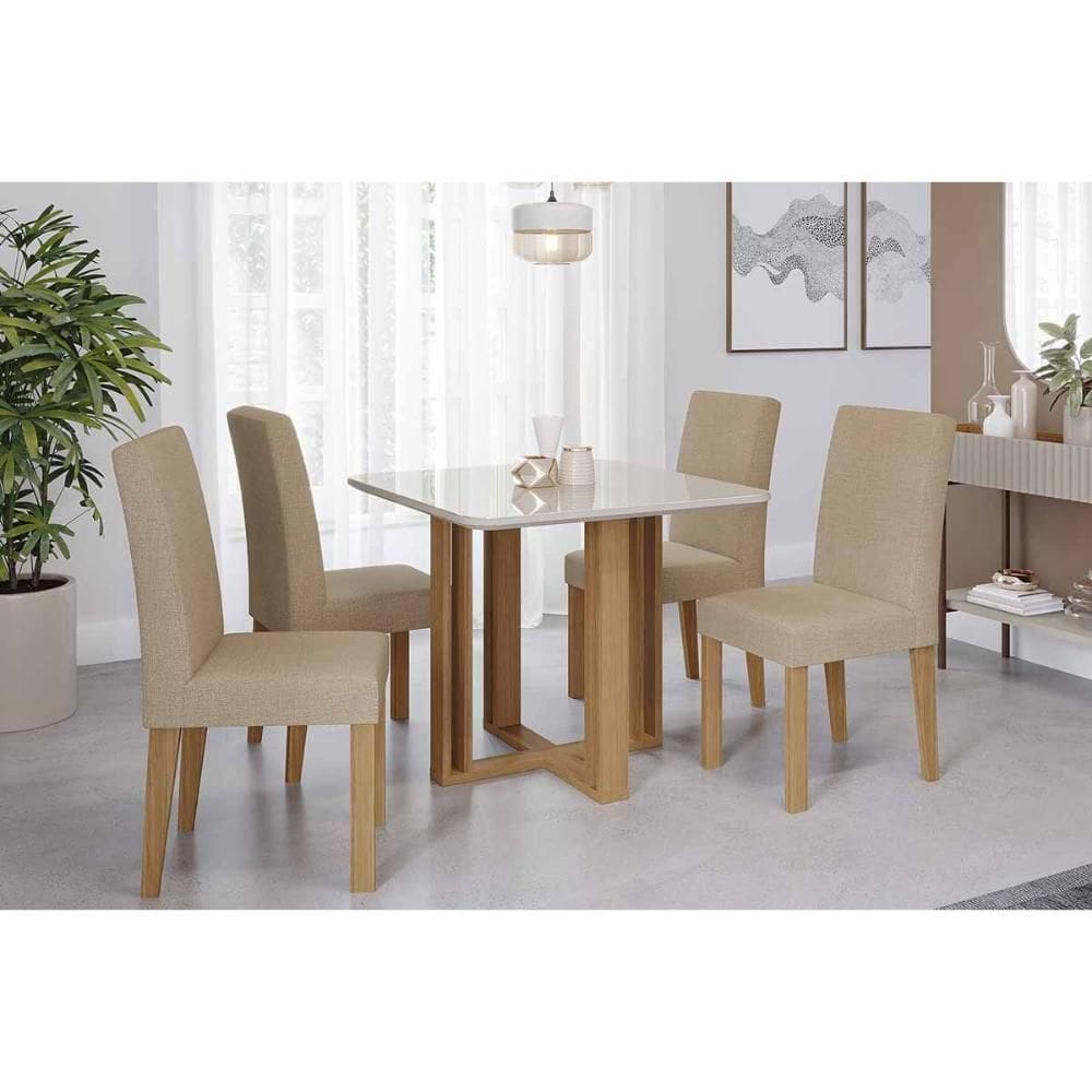 Sala de Jantar Completa Flora Tampo Madeirado c/ Vidro 95x95cm e 4 Cadeiras Maia Cinamomo/Off White - Nature/Suede Gengibre Bege - Cimol