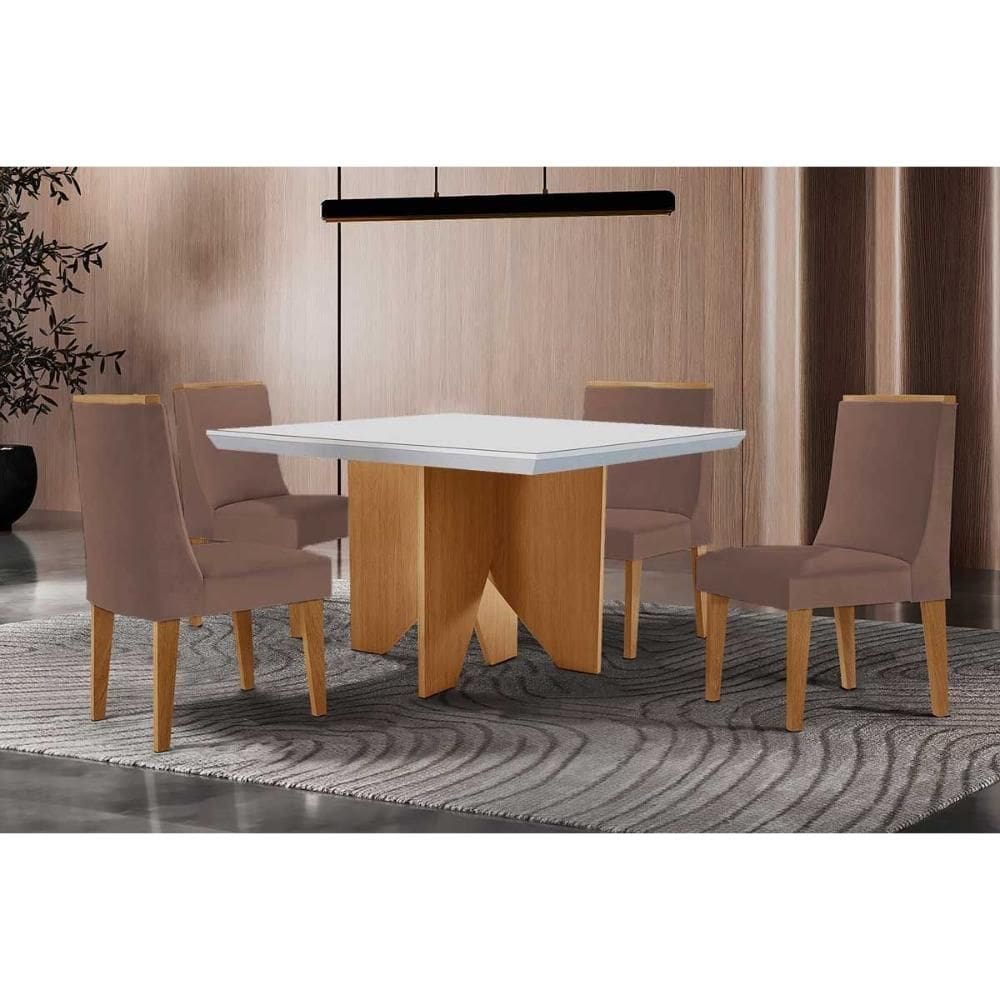Sala de Jantar Completa Nevada c/ Tampo Madeirado c/ Vidro Canto Curvo 90x90cm e 4 Cadeiras Dakota Naturale/Off White - Linho Capuccino - Rufato