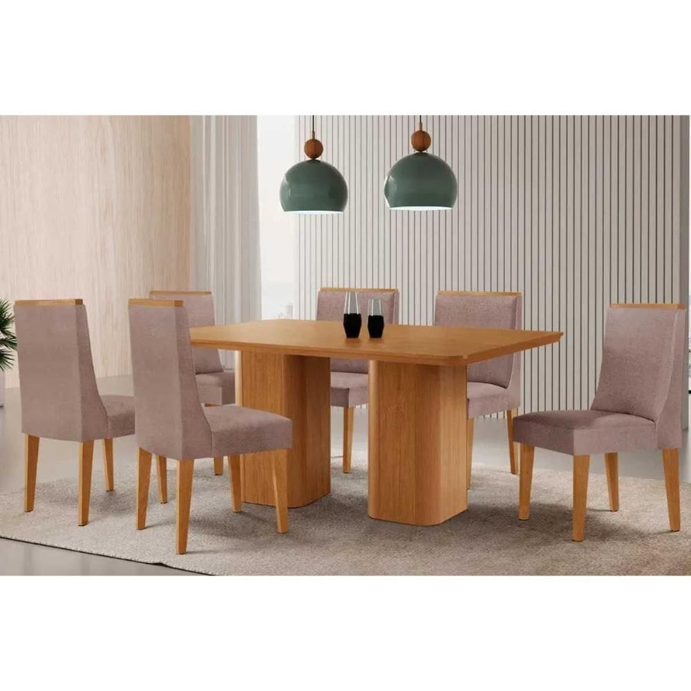 Sala de Jantar Completa Maldivas c/ Tampo Madeirado Canto Curvo 180x90cm e 6 Cadeiras Dakota Naturale - Linho Capuccino - Rufato