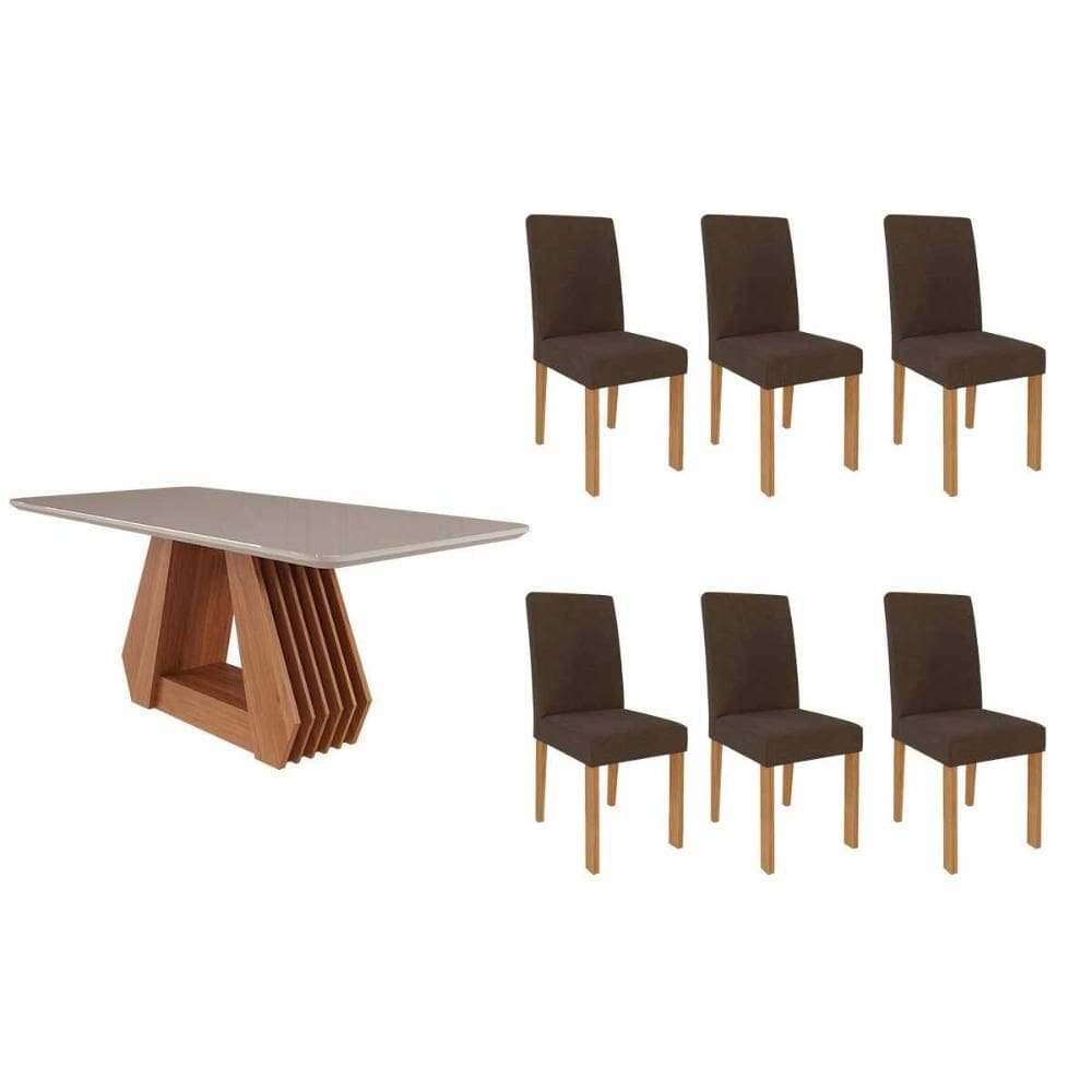 Sala de Jantar Completa Ágata Tampo Madeirado c/ Vidro 180x90cm e 6 Cadeiras Maia Nature/Off White - Nature/Suede Mascavo Chocolate - Cimol