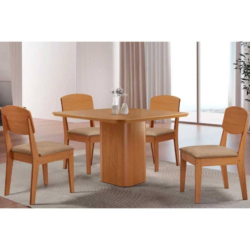 Sala de Jantar Completa Maldivas c/ Tampo Madeirado Canto Curvo 90x90cm e 4 Cadeiras Havana Naturale - Linho Bege - Rufato