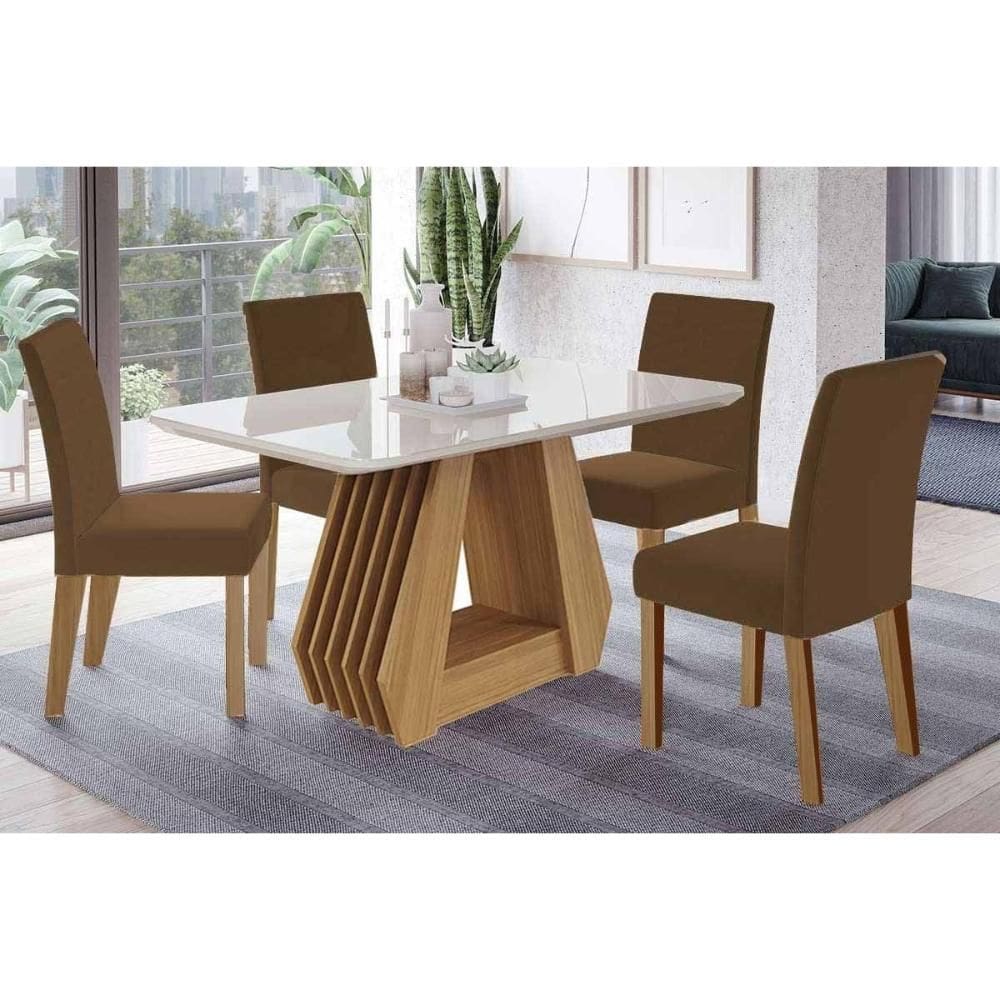 Sala de Jantar Completa Ágata Tampo Madeirado c/ Vidro 180x90cm e 6 Cadeiras Maia Nature/Off White - Cinamomo/Suede Mascavo Chocolate - Cimol