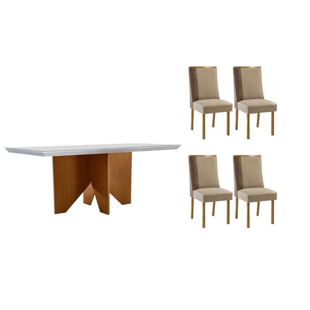 Sala de Jantar Completa Nevada c/ Tampo Madeirado c/ Vidro Canto Curvo 120x80cm e 4 Cadeiras Tilia Naturale/Off White - Suede Creme - Rufato