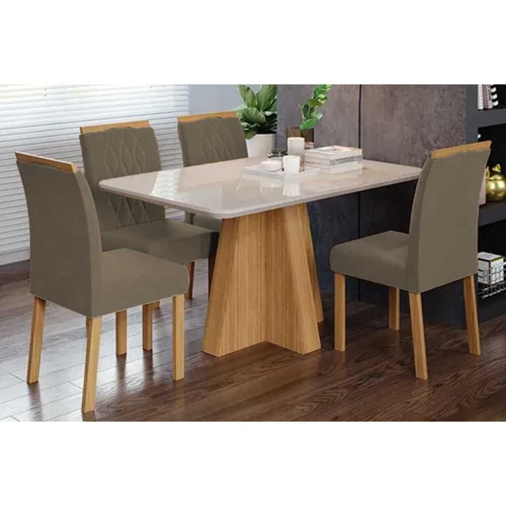 Sala de Jantar Completa Maitê Tampo Madeirado c/ Vidro 130x80cm e 4 Cadeiras Juliana Nature/Off White - Carvalho/Suede Joli Capuccino - Cimol
