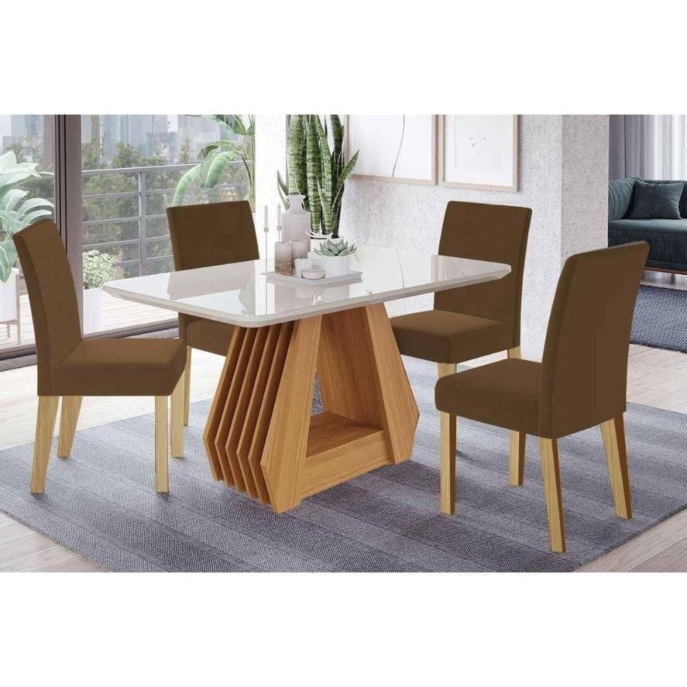 Sala de Jantar Completa Ágata Tampo Madeirado c/ Vidro 130x80cm e 4 Cadeiras Maia Cinamomo/Off White - Suede Mascavo Chocolate - Cimol
