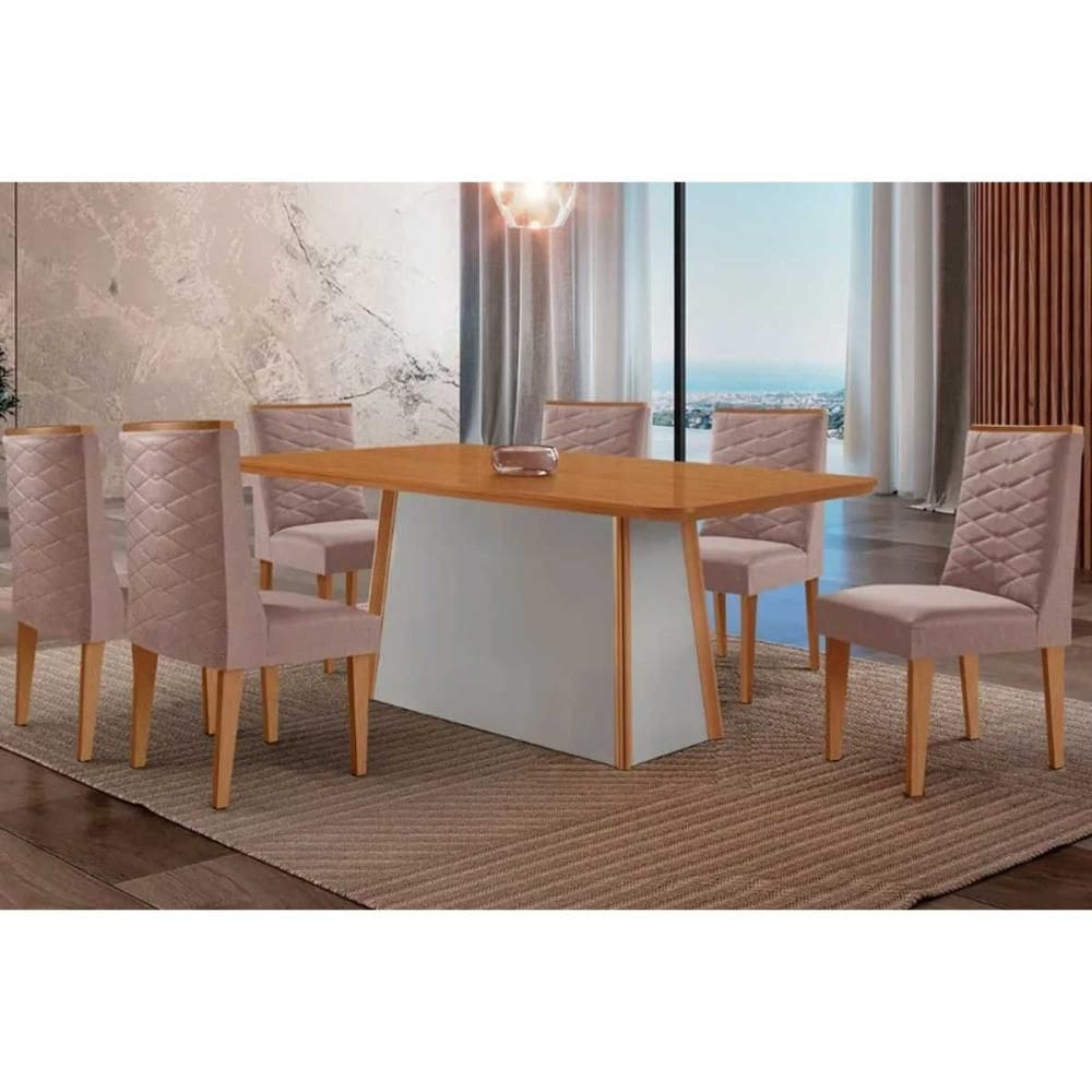 Sala de Jantar Completa Tilia c/ Tampo Madeirado Canto Curvo 180x90cm e 6 Cadeiras Dafne Naturale/Off White - Linho Capuccino - Rufato