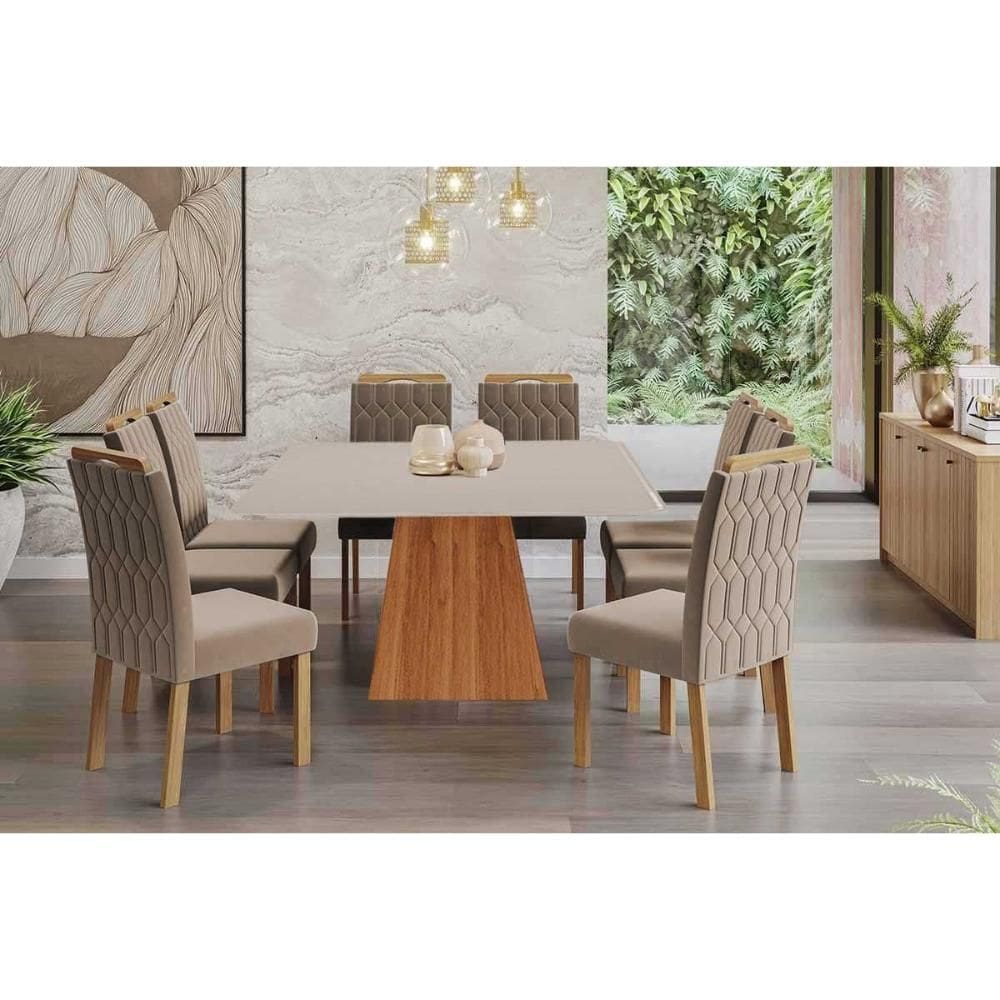 Sala de Jantar Completa Helena Tampo Madeirado c/ Vidro 210x100cm e 8 Cadeiras Paola Cinamomo/Off White - Carvalho/Suede Joli Capuccino - Cimol