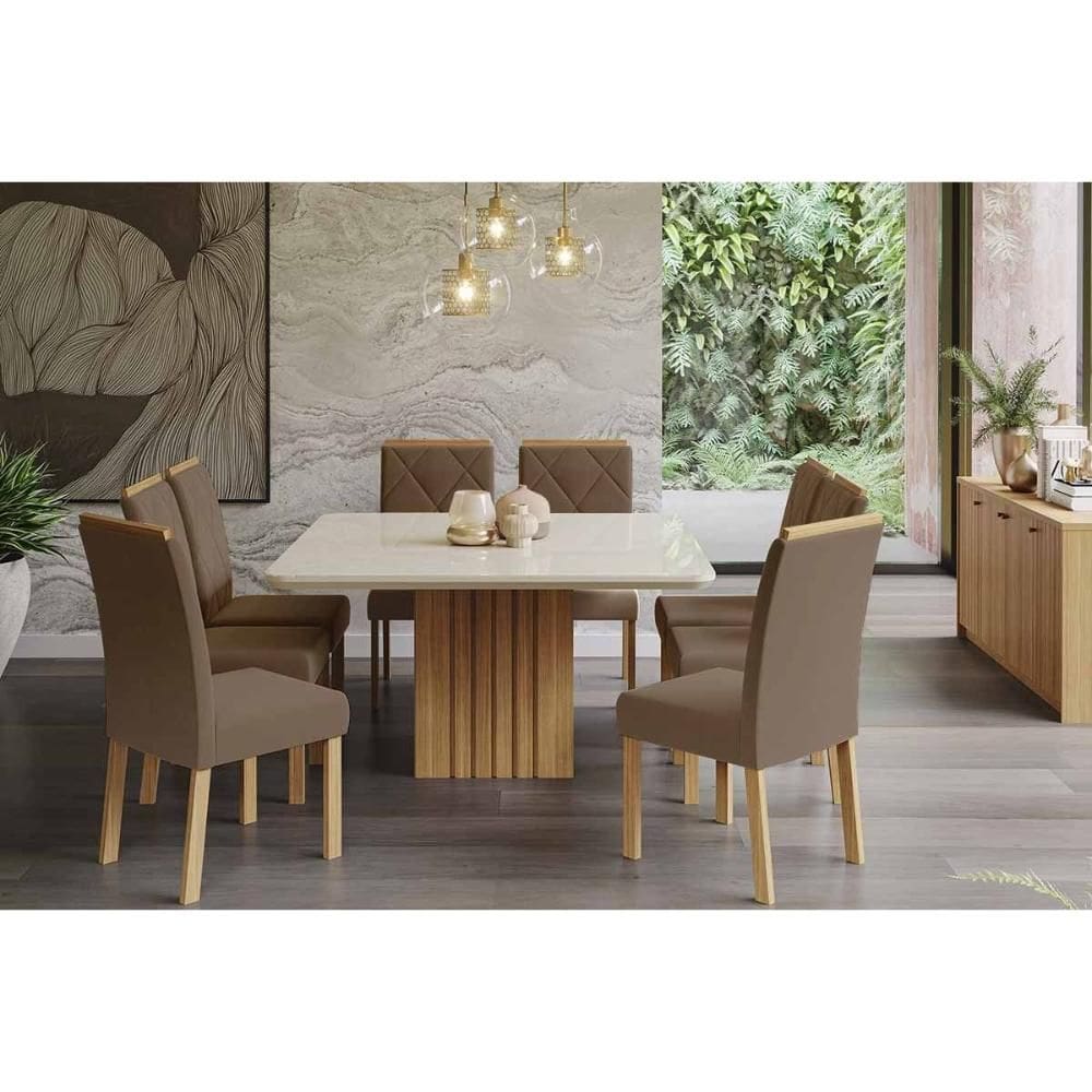 Sala de Jantar Completa Ana Tampo Madeirado c/ Vidro 130x130cm e 8 Cadeiras Fernanda Cinamomo/Off White - Carvalho/Suede Joli Capuccino - Cimol