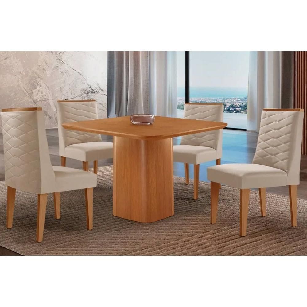 Sala de Jantar Completa Maldivas c/ Tampo Madeirado Canto Curvo 90x90cm e 4 Cadeiras Dafne Naturale - Suede Creme - Rufato