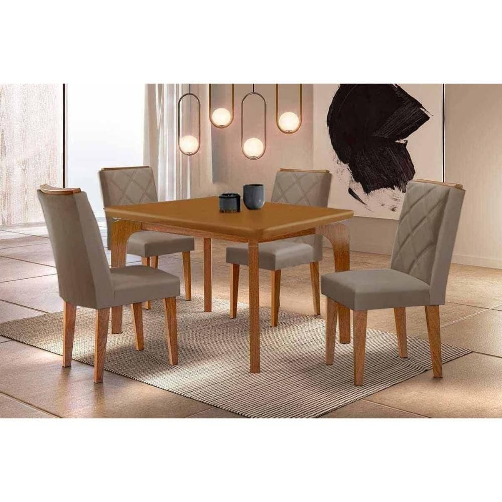 Sala de Jantar Completa Londrina c/ Tampo Madeirado Canto Curvo 120x80cm e 4 Cadeiras Pietá Naturale - Corano Capuccino - Rufato