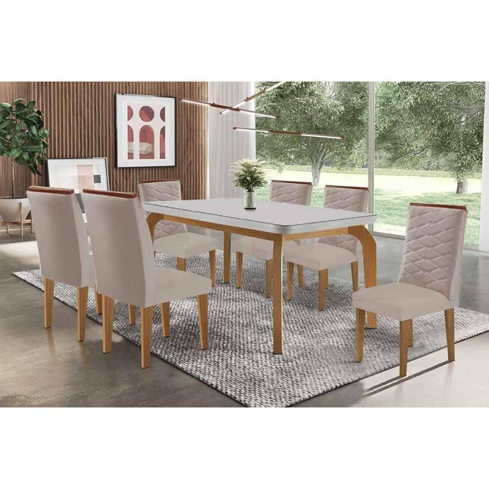 Sala de Jantar Completa Londrina c/ Tampo Madeirado c/ Vidro Canto Curvo 180x90cm e 6 Cadeiras Maldivas Naturale/Off White - Suede Capuccino - Rufato