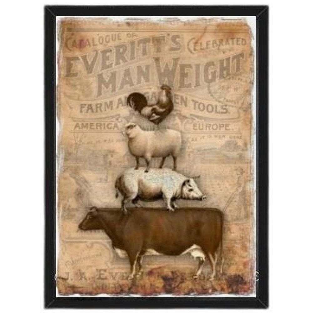 Quadro Vintage Animais Fazenda 33X24Cm Madeira Preta