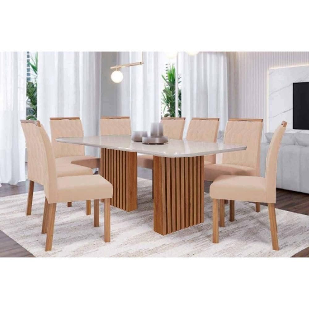 Sala de Jantar Completa Ester Tampo Madeirado c/ Vidro 210x100cm e 8 Cadeiras Paola Cinamomo/Off White - Carvalho/Suede Nude Bege - Cimol
