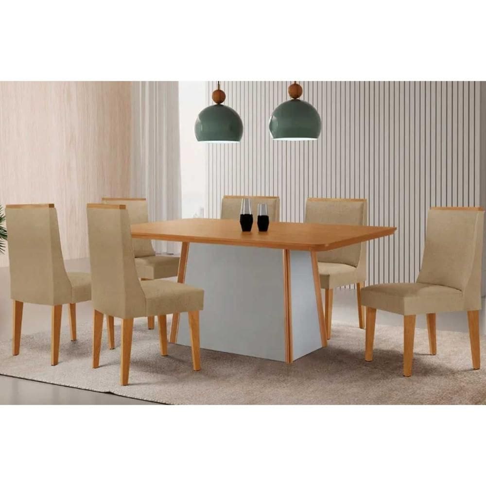 Sala de Jantar Completa Tilia c/ Tampo Madeirado Canto Curvo 120x80cm e 4 Cadeiras Dakota Naturale/Off White - Linho Bege - Rufato